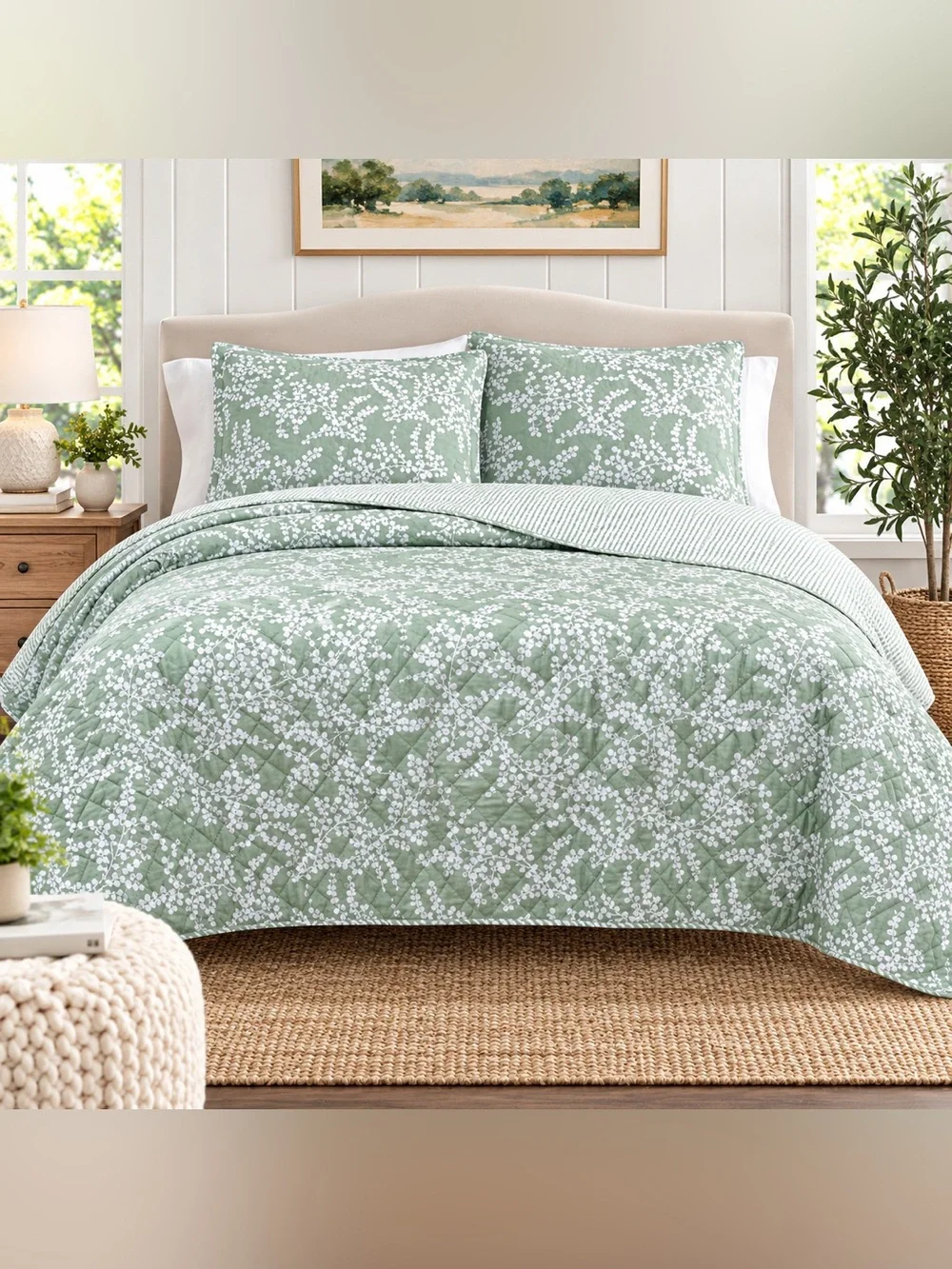 Martha Stewart Layered Branches King Quilt Set Light Sage 3 Piece New